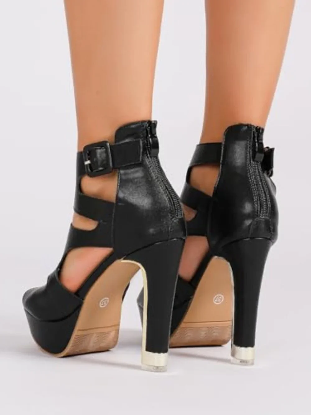 Chunky High Heel Platform Sandals Hollow Out Peep Toe Ankle Strap Zip Dress